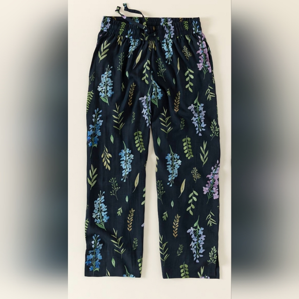 Wide Leg Floral Print Pants - Navy Blue